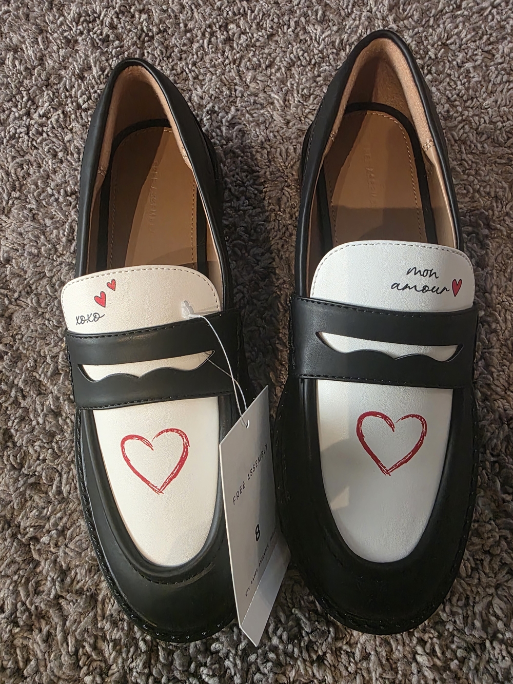Women’s Black and White Heart Moccasins - Mon Amour Design - Picture 2 of 7